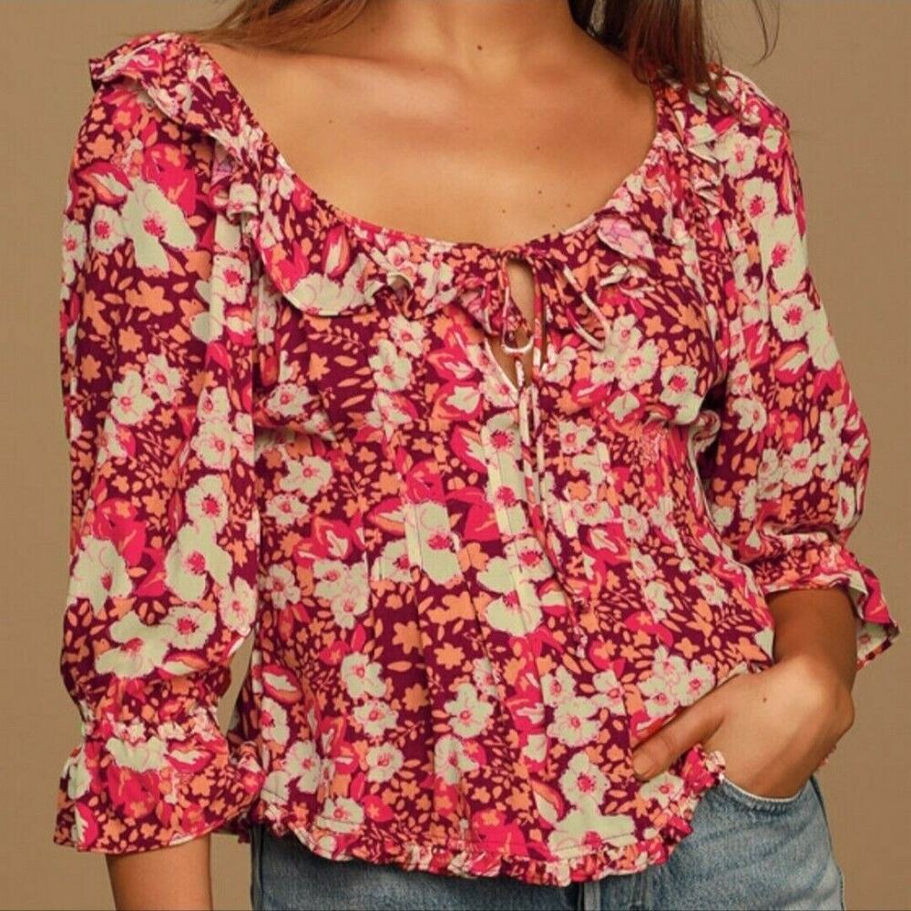 Free People Red Fruit Punch Sweet Memories Smocked Waist Boho Blouse M